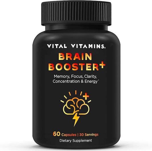 Vital Vitamins Brain Supplements for Memory & Focus - Brain Booster Plus Lion's Mane - Nootropic Brain Health - Memory, Clarity, Energy, Brain Fog - 60 Ct