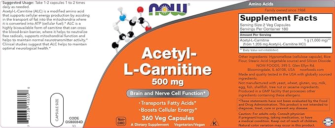 NOW Foods Now Acetyl L Carnitine 500mg, 360 Veg Caps (Pack of 2) - Non-GMO ACL 500 mg Capsules Supplement for Men and Women