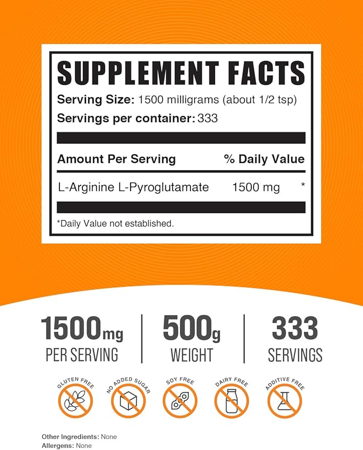 BulkSupplements.com L-Arginine L-Pyroglutamate Powder - Arginine Supplement, Nitric Oxide Supplement, Arginine Powder - Gluten Free, 1500mg per Serving, 500g (1.1 lbs) (Pack of 1)