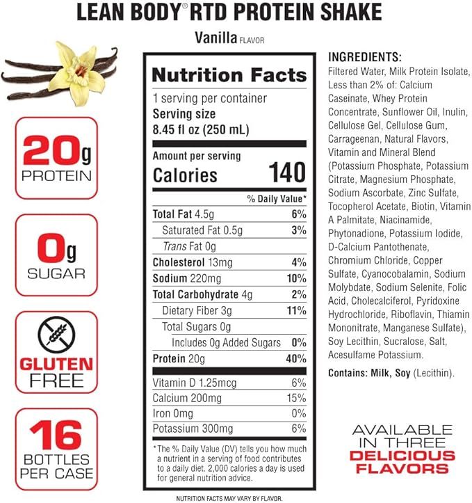 LABRADA Nutrition - Lean Body RTD Whey Protein Shake, Convenient On-The-Go Meal Replacement Shake for Men & Women, 20 Grams of Protein – Zero Sugar, Lactose & Gluten Free, Vanilla (Pack of 16)