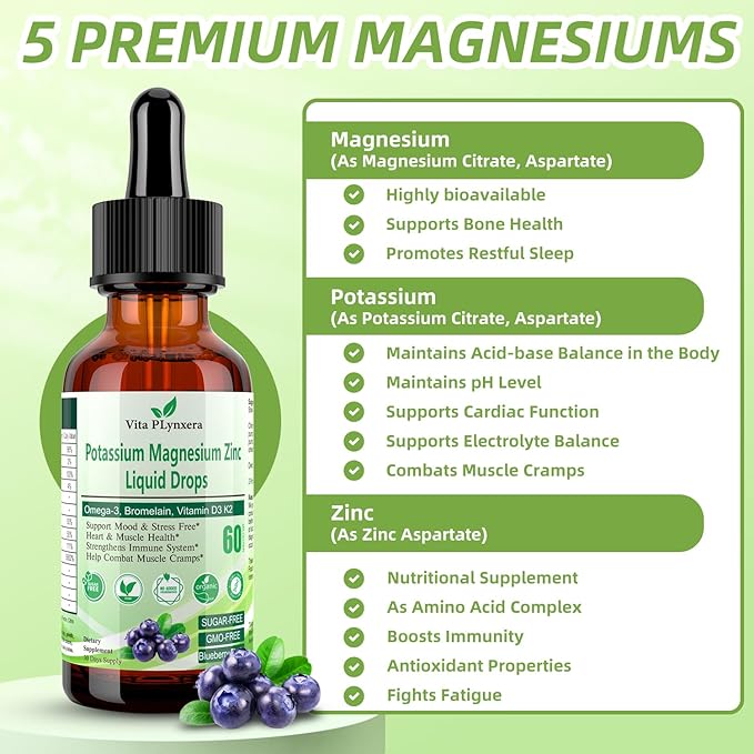 2 Pack Potassium Magnesium Supplement Liquid Drops Plus Calcium Omega-3 D3 B6 K2, Organic Liquid Potassium Magnesium Aspartate, Citrate, for Leg Cramp, Vascular Muscle & Electrolyte Balance
