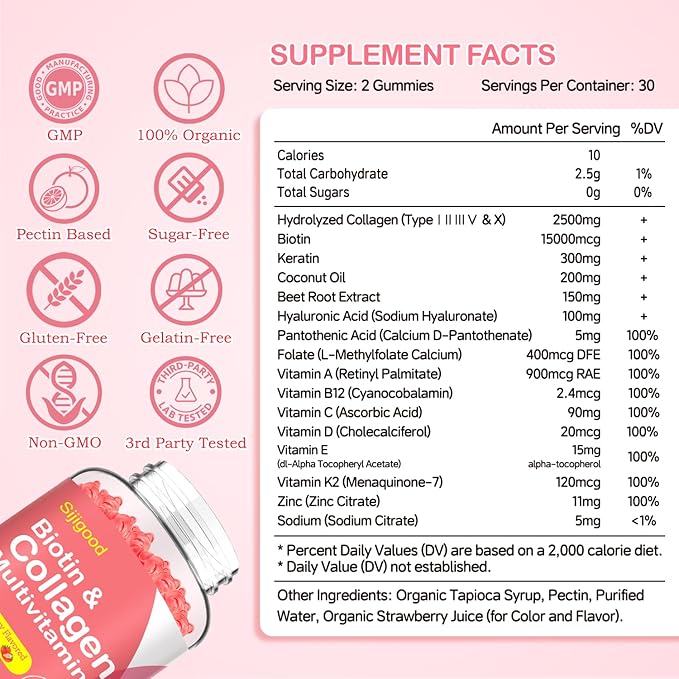 Collagen Gummies for Women Men, 2500mg Protein Type I,II,III,V,X with 15000mcg Biotin Keratin Vitamin C A B6 B12 D E for Skin Hair Nails Joints Immunity Energy Digestion 60 Strawberry Flavored Gummies
