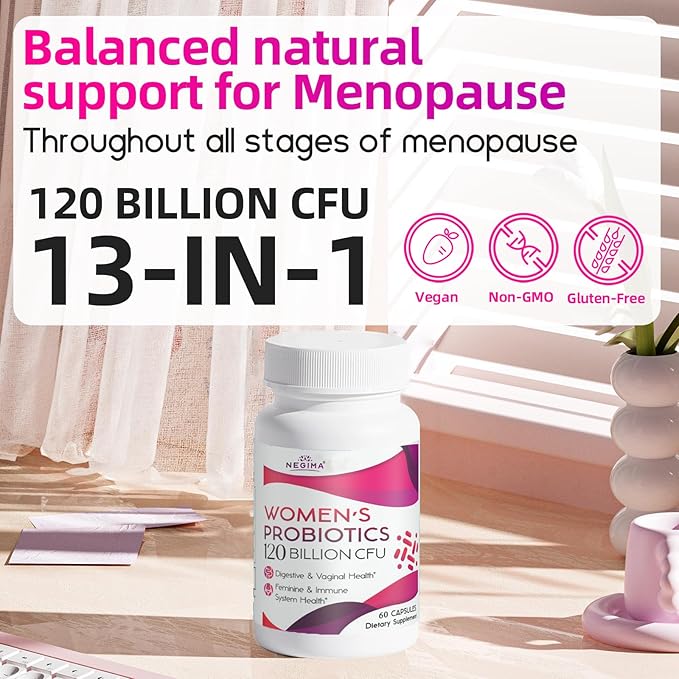 Menopause Supplements for Women, 120 Billion CFUs Probiotics for Women, 13-in-1 Herbs & Botanicals Complex, for Hormone Menopause, Hot Flashes, Night Sweats, Mood Swings, Sleep Disturbances - 60 Caps