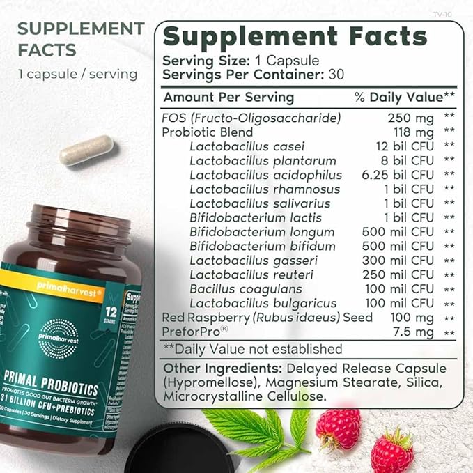 Primal Harvest PREbiotics and PRObiotics for Women & Men, 30 Oral Capsules for Gut Health, 12 Dynamic Strains