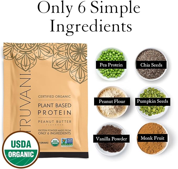 Truvani Vegan Pea Protein Powder | Peanut Butter | 20g Organic Plant Based Protein | 1 Serving | Keto | Gluten & Dairy Free | Low Carb | No Added Sugar