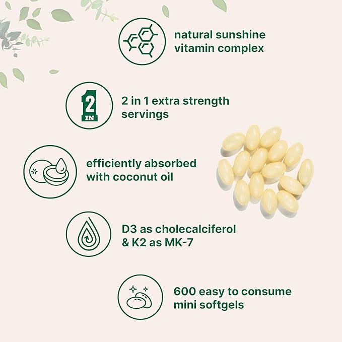 2 Pack Vitamin D3 10000 iu Plus K2 (MK-7) 200 mcg, 300 Virgin Coconut Oil Softgels | 2 in 1 Vitamins D & K Complex | Supports Calcium Absorption, Bone, Immune, & Heart Health – Easy to Swallow