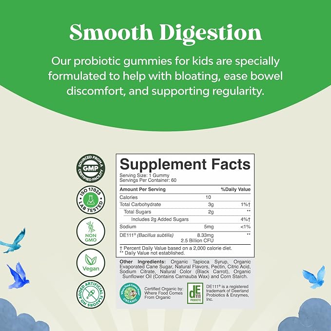 USDA Organic Probiotic Gummies for Kids - Vegan Non-GMO Kids Probiotic Gummy Vitamin for Immunity and Digestive Health - Gentle 2.5B CFU Organic Probiotics for Kids - Strawberry Flavor (2 Months)