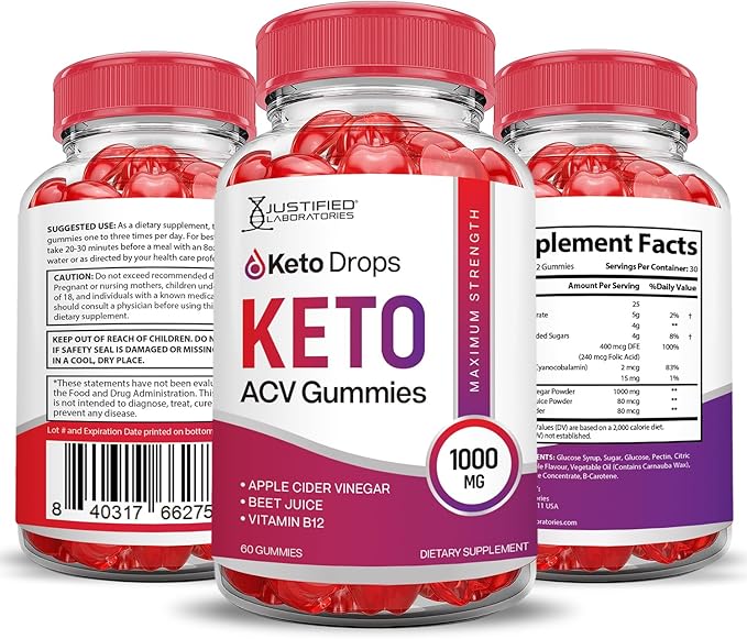 (3 Pack) Keto Drops Keto ACV Gummies Advanced Formula 1000MG Keto Drops Keto Gummies Apple Cider Vinegar Formulated with Pomegranate Beet Juice Powder B12 Vegan Non GMO 180 Gummys