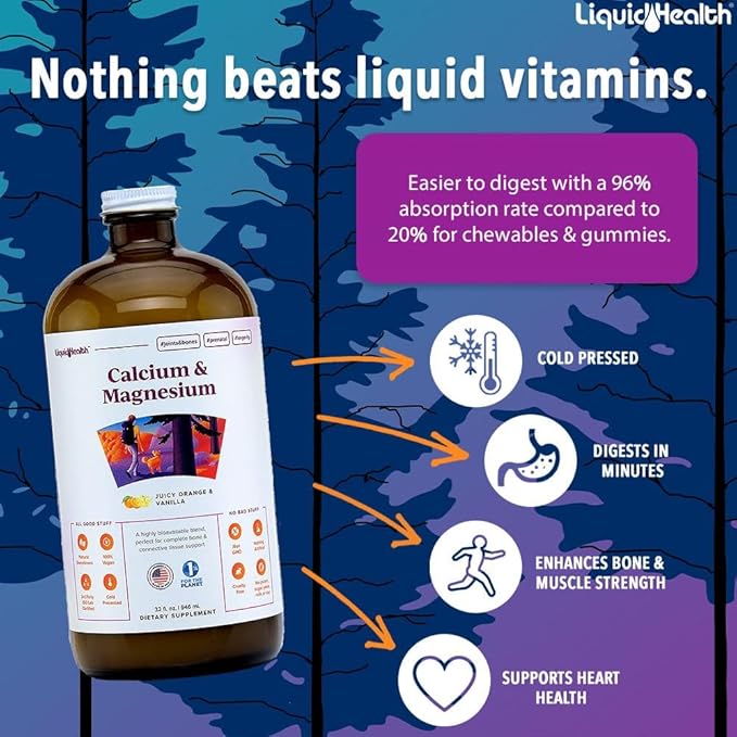 LIQUIDHEALTH Calcium & Magnesium Adult Liquid Vitamin Supplement - Bone, Joint, Muscle, Connective Tissue Support, Heart Health, Essential Nutrients - Great Taste, Vegan, Non GMO, Sugar-Free (2 Pack)