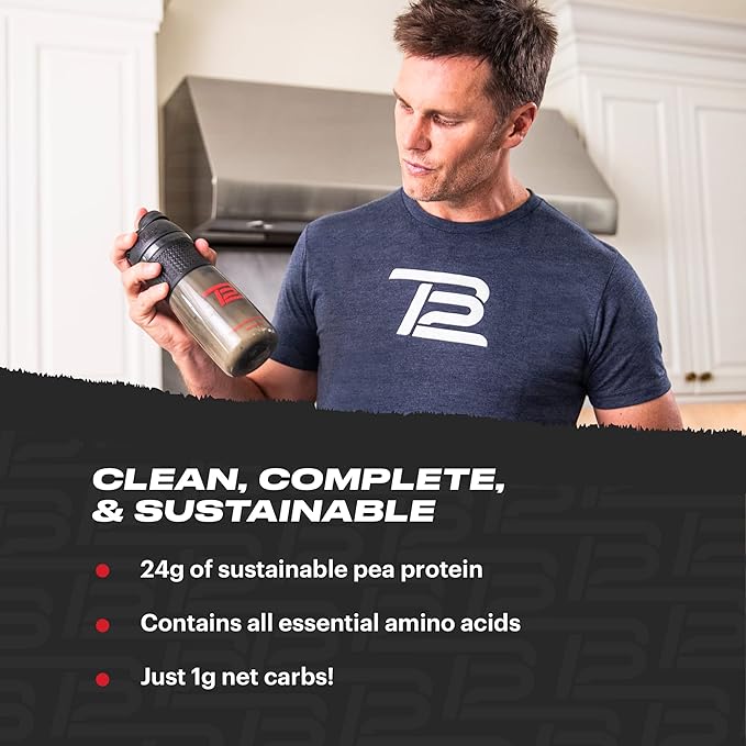 TB12 Plant Based Protein Powder by Tom Brady, 24g of Vegan Pea Protein, Low Sugar, Low Carb, Non-GMO, Meal Replacement, Keto Friendly, Paleo, Sugar Free, Chocolate Flavor (30 Servings/2.25lbs)