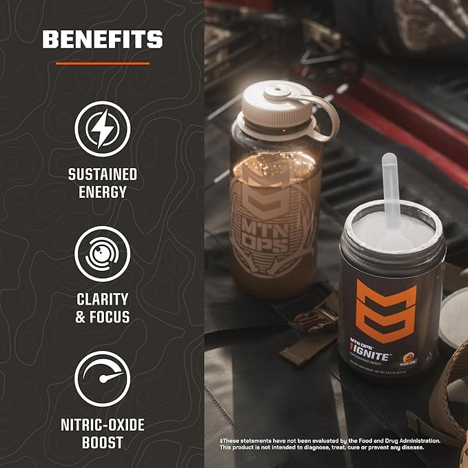 MTN OPS Ignite Energy Drink Powder, Gluten Free Nitric Oxide Supplement Drink Mix, L Arginine, L Citrulline, Caffeine & Nootropic Sugar Free Drink Mix, 45 Servings, Blue Raspberry Lemonade