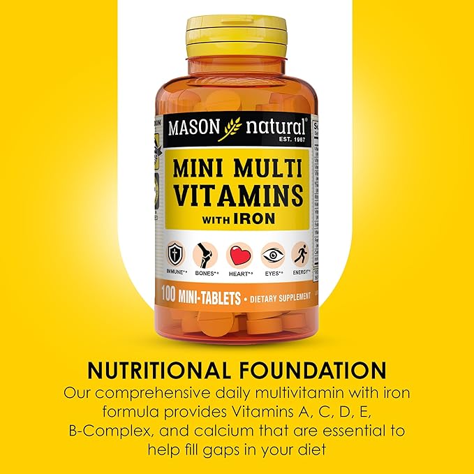 MASON NATURAL Daily Mini Multi Vitamins with Iron, Vitamins A, C, D, E, B1, B2, B3, B6, B12, Folate & Calcium, 100 Day Supply