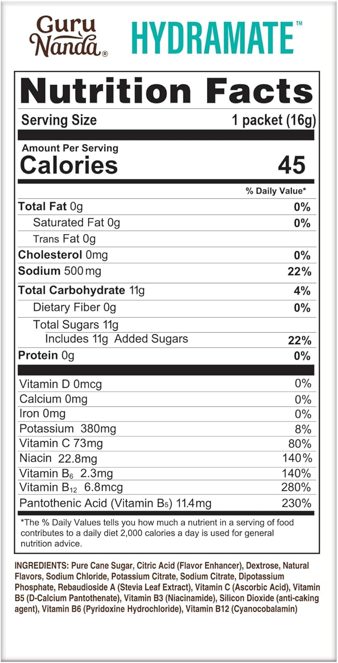 GuruNanda Hydramate Hydration Support Drink Mix - Electrolyte Powder Packets for Dehydration, Exercise & Energy - No Added Sweeteners, Non-GMO, Natural Lemon Lime Flavor - 48 Count (0.56 oz each)