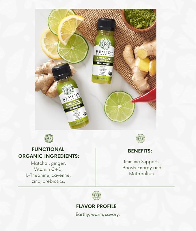 Remedy Organics Immunity Plus Shot, Energize 24-Pack | Boost Energy, Brain Function, Detoxification, and Metabolism | Certified-Organic Ingredients