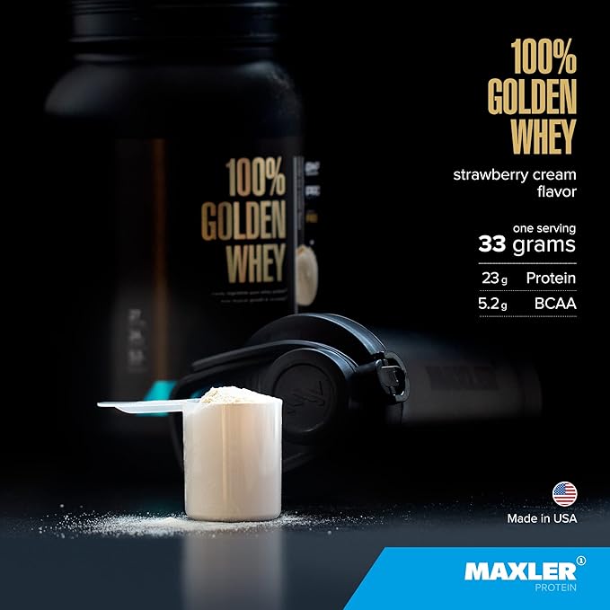 Maxler 100% Golden Whey Protein - 23g of Premium Whey Protein Powder per Serving - Pre, Post & Intra Workout - Fast-Absorbing Whey Hydrolysate, Isolate & Concentrate Blend - Strawberry Cream 5 lbs