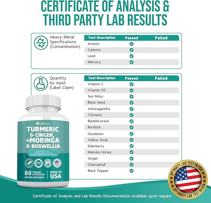Turmeric Curcumin 30000mg Moringa 50000mg Boswellia 3000mg Cinger 3000mg Cinnamon Saffron Joint Support Supplement for Women and Men with Quercetin Holy Basil Garlic Nettle, 60 Capsules