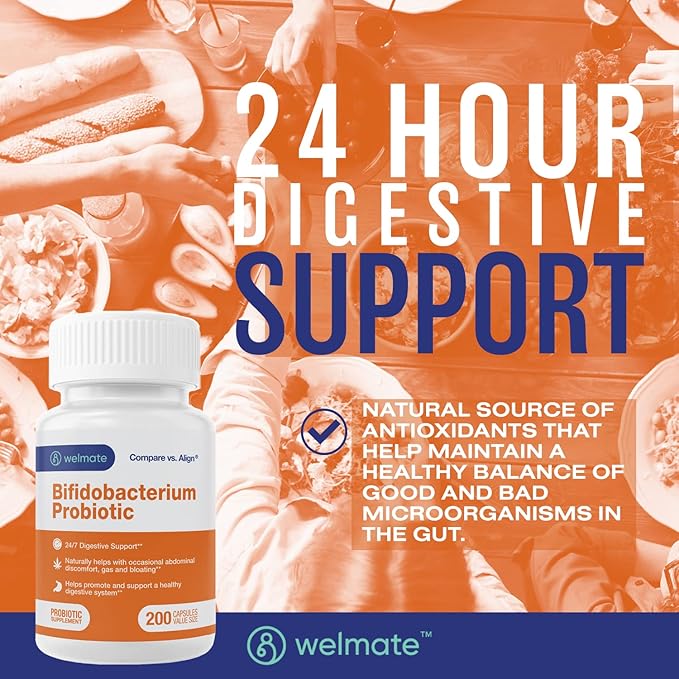 WELMATE Bifidobacterium | Probiotic Supplement | Supports Gut Health | Immune Support | Digestive Enzymes | Gluten Free | Vegan | Men & Womens Probiotic | Value Size | 200 Count