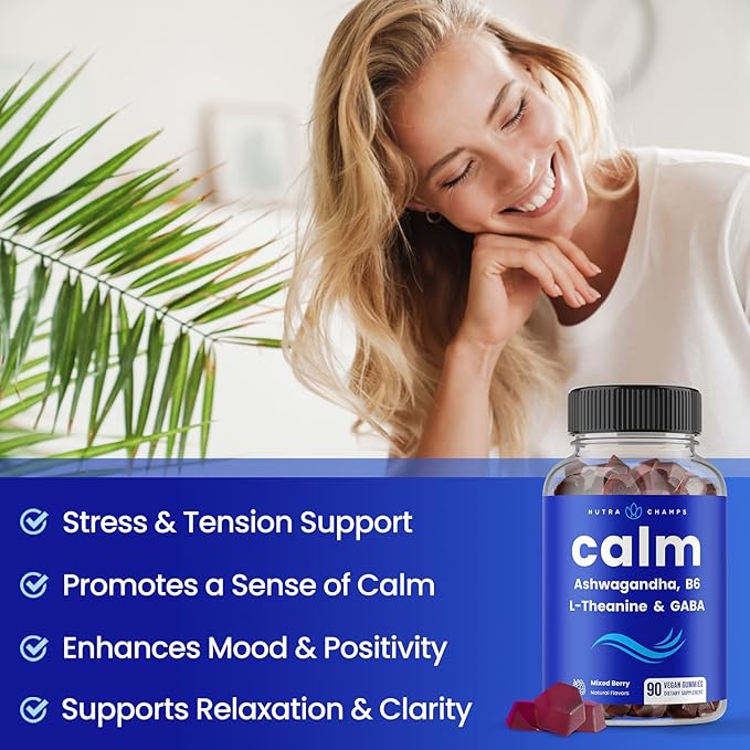 Calm Gummies | Stress Gummies Supplement with Ashwagandha, L-Theanine, GABA, Vitamin B6 & Lemon Balm | Supports Mood, Focus & Stress Relief | Vegan & Non-GMO | Natural Berry | 90 Gummies