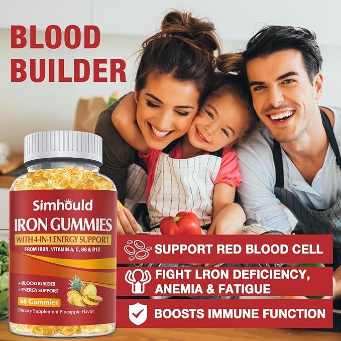 1 Pack Vegan 80MG Iron Supplement Gummies for Women & Men - Vitamin A, C, B for Adults & Kids - Blood Builder & Energy Support for Iron Deficiency, Anemia - 60 Counts Pineapple Flavor Gummies