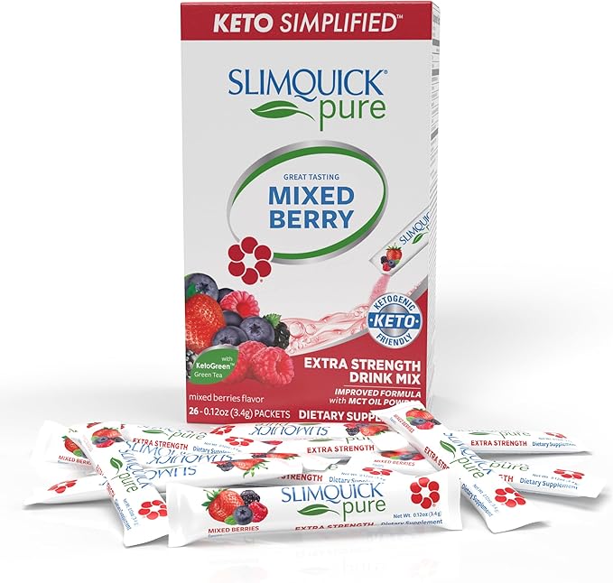 Slimquick Pure 3x Extra Strength Mixed Berry Drink Mix for Women to Help Achieve Weight Goals, Helps Metabolism, Keeps Full for Longer with Green Tea, Caffeine, Chaste Tree, Rhodiola Extract, 26 Count