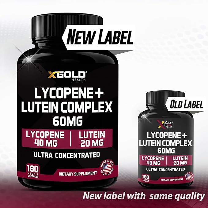 Lycopene + Lutein Supplement 60mg | Lycopene 40mg from Tomato & Lutein 20mg from Marigold Extract - 2-in-1 Ultra-Concentrated Health Supplements | Non-GMO & Gluten Free - 180 Veggie Caps Made in USA