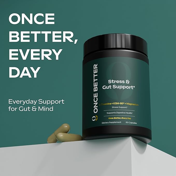 Once Better™️ Stress & Gut Support Supplement – Ashwagandha KSM-66®, L-Theanine, Magnesium Glycinate, Probiotics & Inulin for Digestive Health & Stress Relief – 60 Capsules - Men & Women