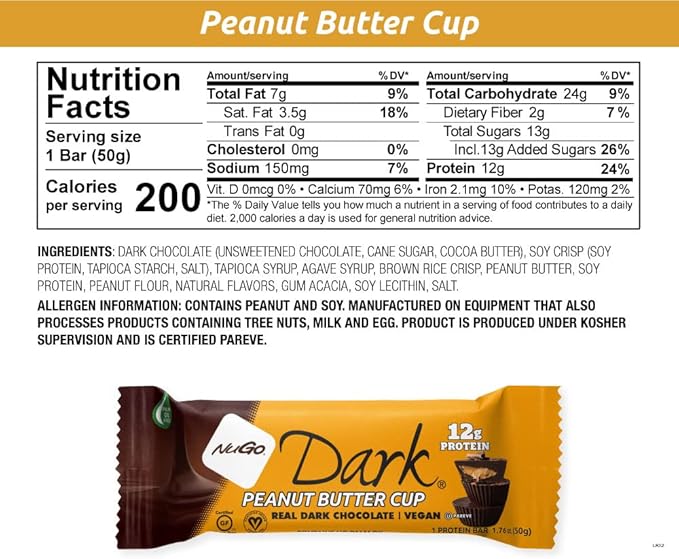 NuGo Dark Peanut Butter Cup, 12g Protein Bar, Vegan, Gluten Free, Non-GMO, Kosher Pareve, 24 Count