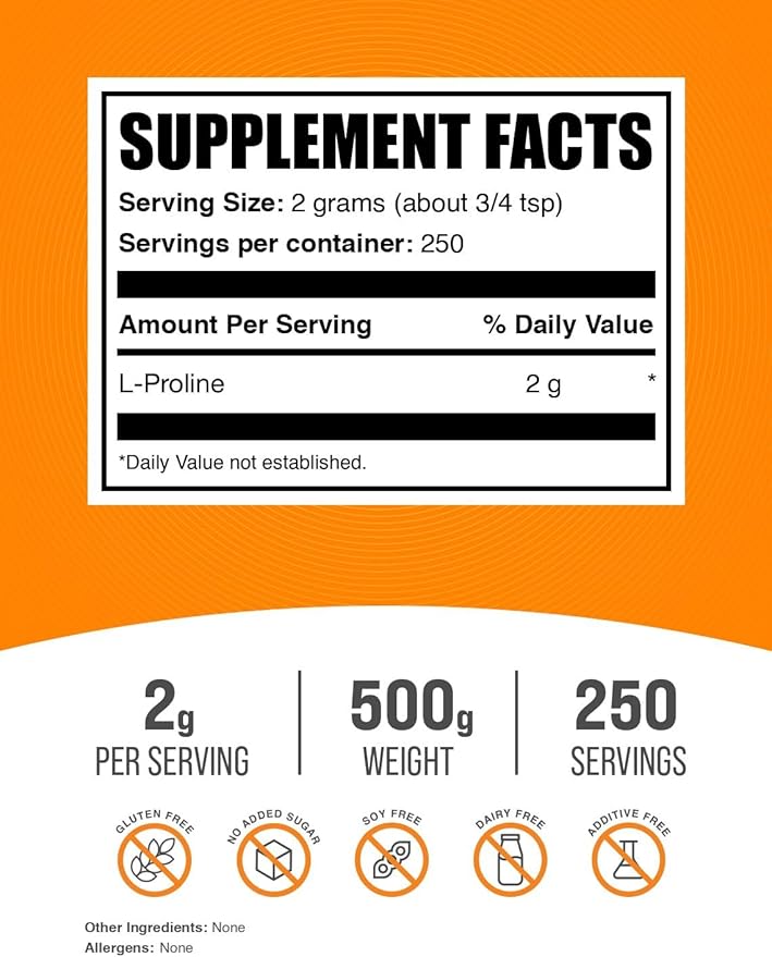 BulkSupplements.com L-Proline Powder - Amino Acid Supplement, Proline Supplements - Unflavored & Gluten Free, 2000mg per Serving, 250 Servings, 500g (1.1 lbs) (Pack of 1)