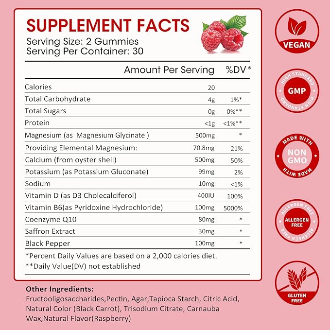 Magnesium Glycinate Gummies 500mg, Chewable Magnesium Supplement with Vitamin D3, B6, CoQ10, for Relaxation, Sleep & Mood Support, Calm Magnesium Gummies - 60 Raspberry Gummies