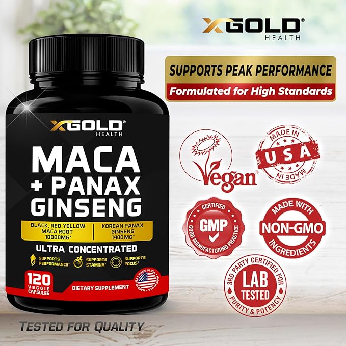 Maca Root Capsules 10,000mg + Korean Panax Ginseng 1,400mg - 20x Concentrated Extract Black + Red + Yellow Maca Root, 10x Concentrated Extract Panax Ginseng Capsules - Ultra Potent & Highly Purified