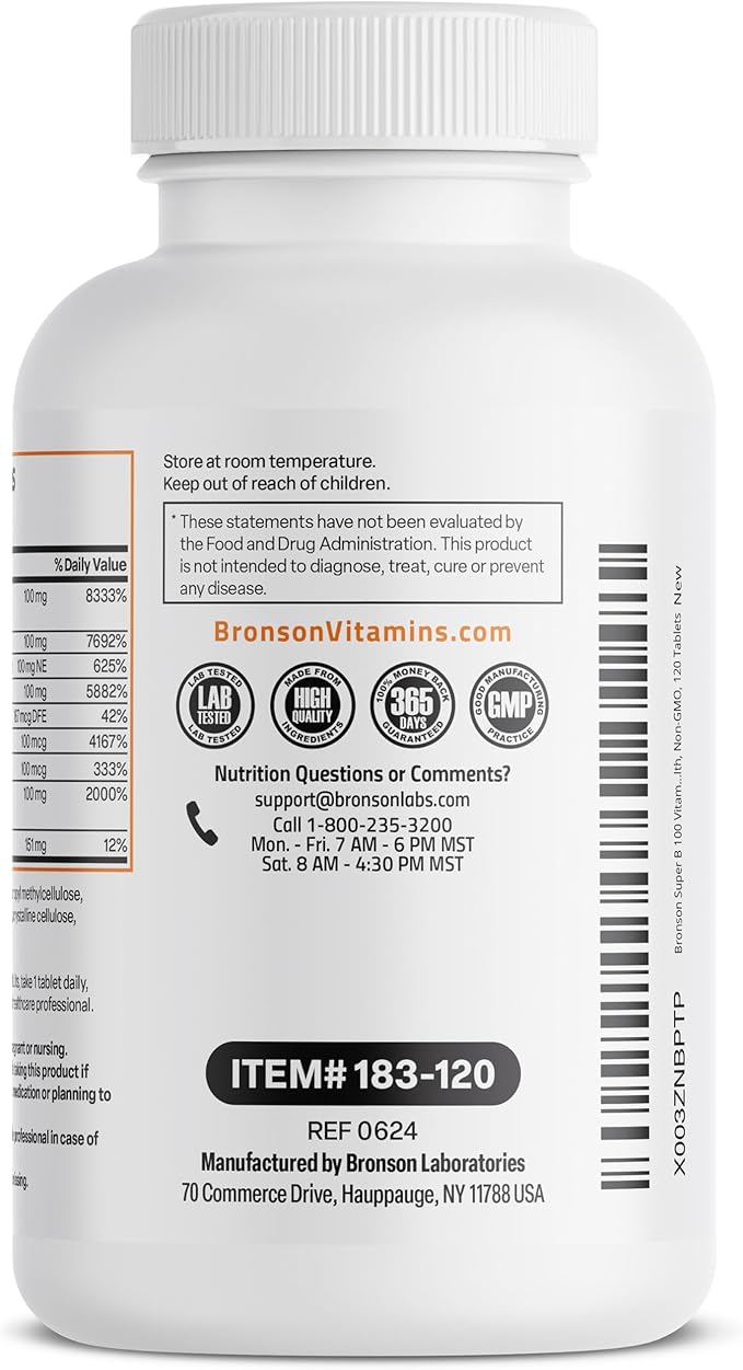 Bronson Vitamin B 100 Complex High Potency Sustained Release (Vitamin B1, B2, B3, B6, B9 - Folic Acid, B12), 120 Tablets