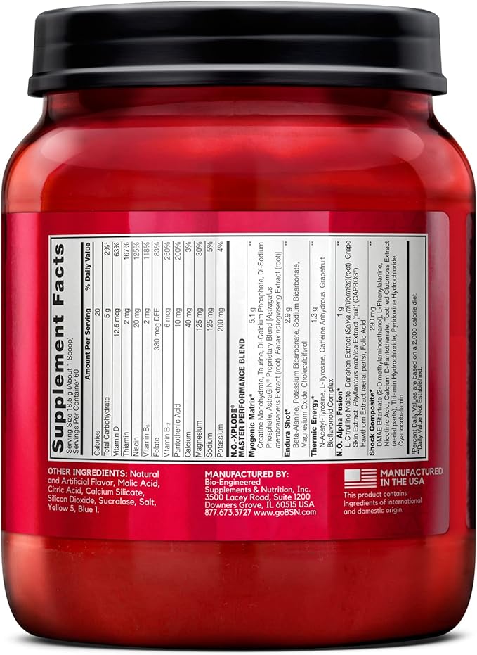 BSN N.O.-XPLODE Pre Workout Powder, Energy Supplement for Men and Women with Creatine and Beta-Alanine, Flavor: Green Apple, 60 Servings