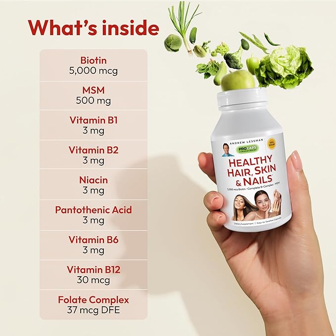 ANDREW LESSMAN Healthy Hair, Skin & Nails 120 Capsules – 5000 mcg High Bioactivity Biotin, B-Complex - Promotes Beautiful Hair, Skin, Strong Nails - No Additives Hair Growth Vitamins Biotin Supplement