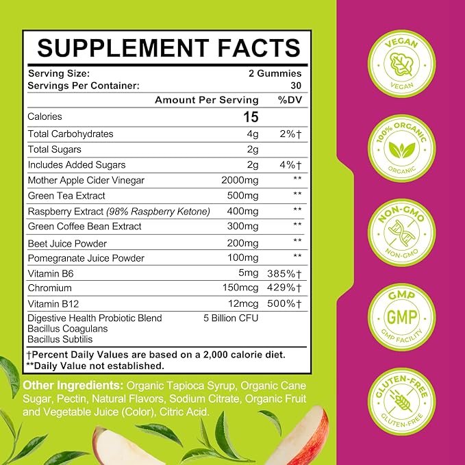 Mother Apple Cider Vinegar Gummies, Keto ACV Gummies 2000MG - Cleanse & Detox, Max Strength ACV Gummies with Green Tea, Raspberry, B12 and Probiotics for Metabolism & Digestive Health -Packs of 3