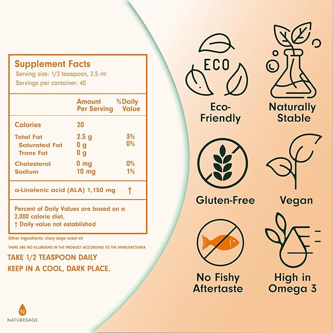 Pure Vegan Liquid Omega 3 Oil, Plant-Based Alternative to Omega 3 Fish Oil, 3.4 fl. oz. – Cold Pressed from Clary Sage Seed – Kosher - Omega 3 Fatty Acid Supplement with Antioxidants