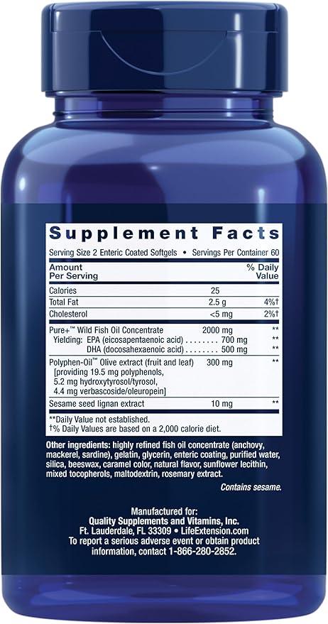 Life Extension Super Omega-3 EPA/DHA Fish Oil, Sesame Lignans & Olive Extract – Heart Health, Brain Health, Inflammation Health Support, Gluten-Free, Enteric-Coated, Non-GMO, 120 Softgels