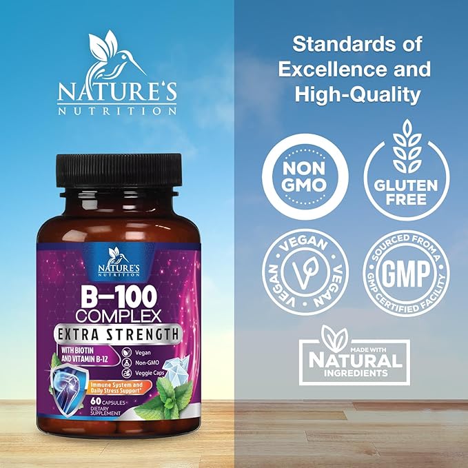 Vitamin B Complex Capsules with Vitamins B1 B2 B3 B6 B12 B100 C Biotin Folate & Folic Acid - Supplement for Energy, Brain, & Immune Support - Super B Vitamin Complex for Women & Men - 60 Vegan Pills