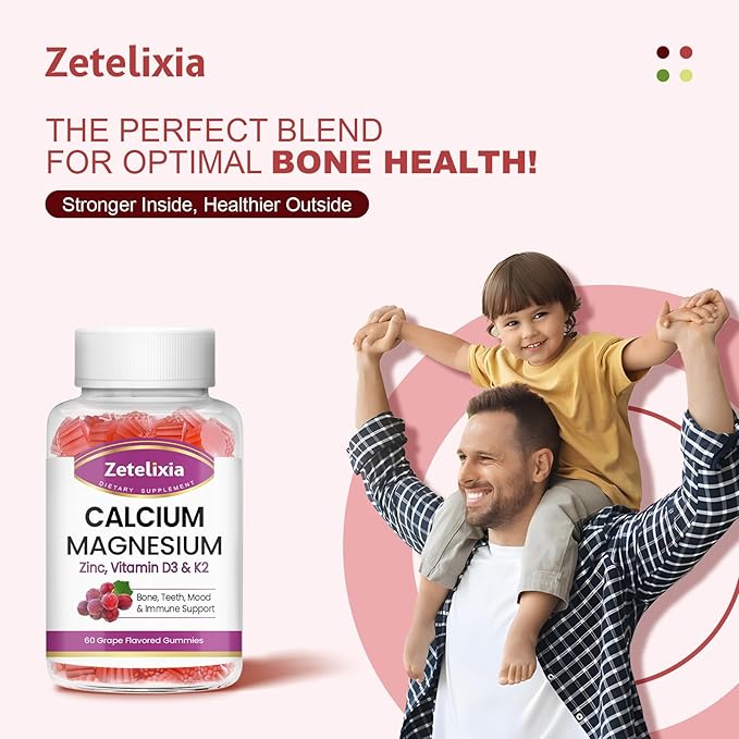 Calcium Gummies for Women Men, Calcium Magnesium Zinc with Vitamin D3 & K2, Calcium Magnesium Supplement for Bones Muscles and Joints, Grape Flavor - 120 Count