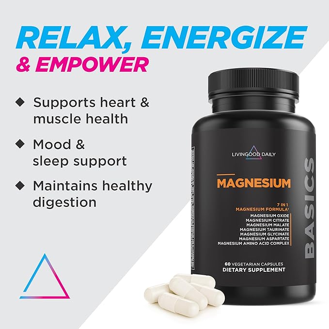 Livingood Daily Magnesium 300mg - High Bioavailability Magnesium Complex - Magnesium Citrate, Malate, Glycinate, Oxide, & Chicory Root Inulin - Muscle Relaxation, Nerve, & Heart Health - 60 Capsules