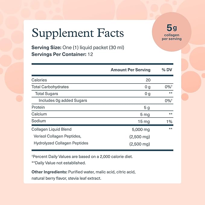 Youtheory Collagen Liquid - 5,000 mg Hydrolyzed Collagen - for Hair, Skin & Nails* - Sugar, Dairy & Soy Free - Berry Flavor - 12 Single Serving Packets