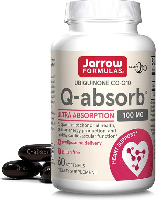 Jarrow Formulas Q-absorb Co-Q10 100 mg, Dietary Supplement, Antioxidant Support for Mitochondrial Health, Cellular Energy Production and Cardiovascular Health, 60 Softgels, 60 Day Supply