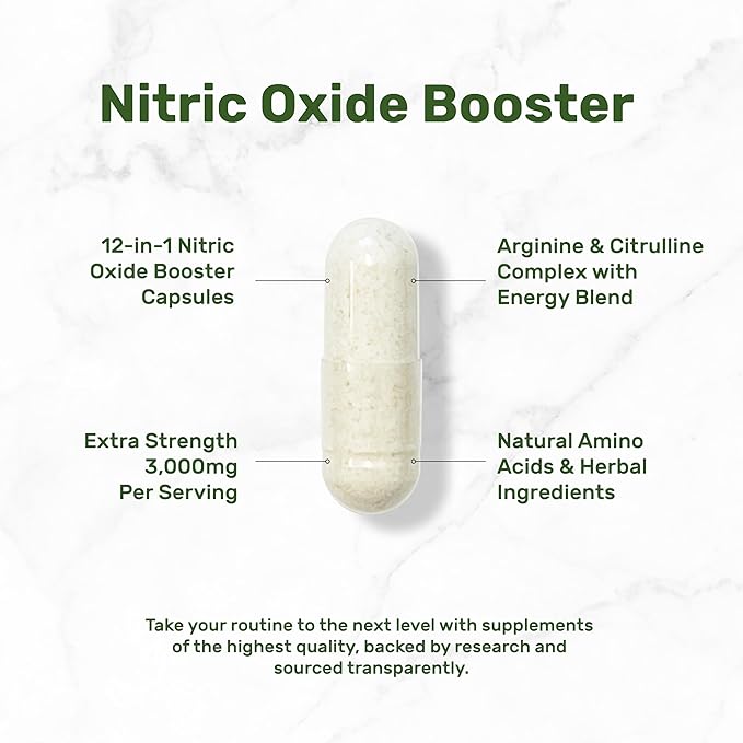 Nitric Oxide Booster 3,000mg Per Serving, 300 Capsules – 12 in 1 Nitric Oxide Supplement – Arginine & Citrulline Complex with Energy Blend – Marshmallow Root – Promotes Nutrient Flow to Muscles &Heart