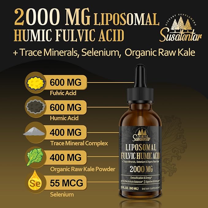Trace Minerals Electrolytes Drops 2000 MG | Liquid Liposomal Fulvic Humic Acid Supplement | 72+ Trace Minerals | Hydration | Detoxification | Energy | pH Balance | Digestion | Immunity | 6 Oz