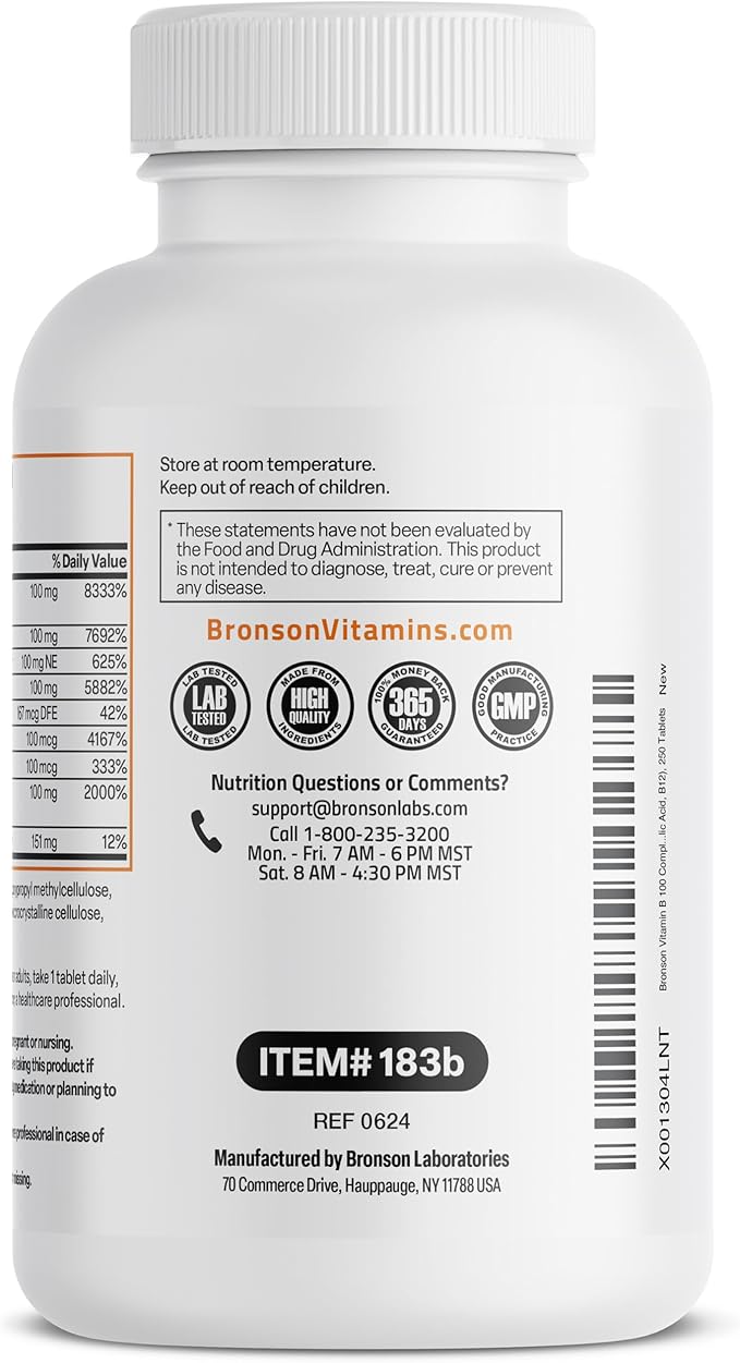 Bronson Super B 100 Vitamin B Complex Sustained Release Contains All B Vitamins (Vitamin B1, B2, B3, B6, B9 - Folic Acid, B12) Supports Energy Metabolism & Nervous System Health, Non-GMO, 250 Tablets