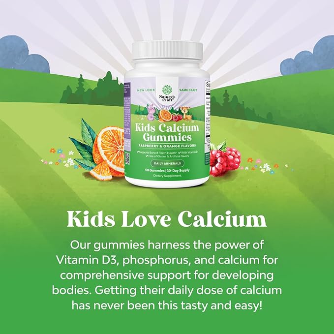 Tasty Kids Calcium Gummies - Vitamin D & Calcium Gummies for Children - Vitamin Gummies with Calcium & Vitamin D for Muscle Bone & Development - Gelatin-Free Kosher Childrens Gummies 60ct (1 Pack)