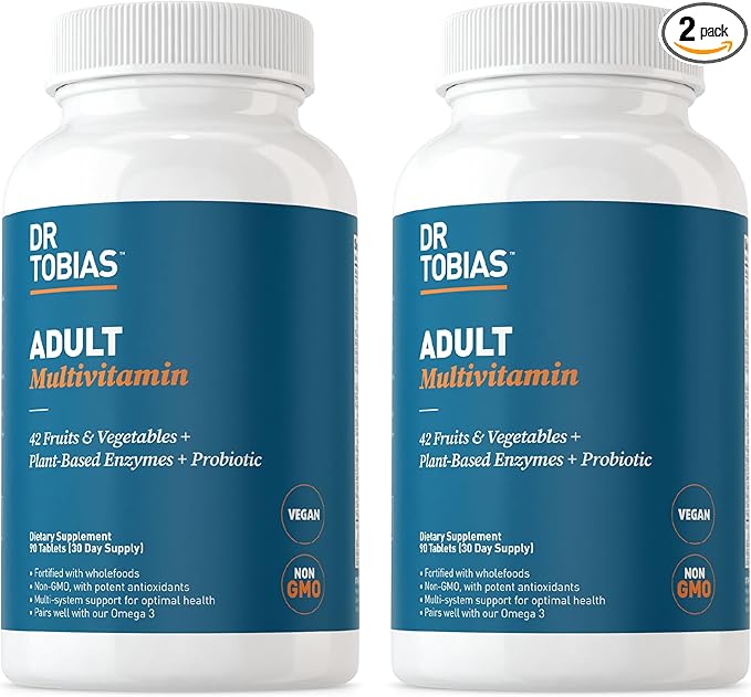 Dr. Tobias Adult Multivitamin for Women & Men, Energy & Immune Support from 42 Fruits & Vegetables Plus Probiotics, Comprehensive Daily Multivitamins for Men & Women, Non-GMO, 180 Tablets, 60 Servings