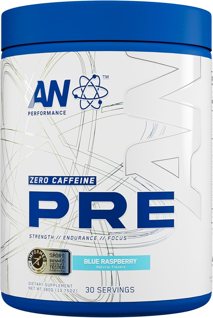 AN Performance Non-Stimulant Pre-Workout Supplement | Zero Caffeine Energy Drink Mix | Beta Alanine + Citrulline | Third-Party Tested | Informed Sport Certified | Blue Razz | 30 Servings