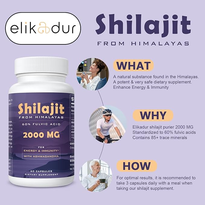 2000 MG Shilajit Supplement, Shilajit Resin Organic, Shilajit Capsules, 100% Pure Shilajit with 85+ Trace Minerals & 60% Fulvic Acid, Boost Energy & Immunity, Vegetarian, Natural, 120 Capsules