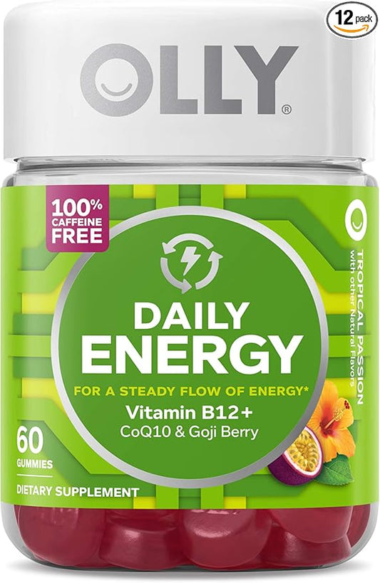 Olly Daily Energy Gummy Caffeine Free Vitamin B12 Coq10 Goji Berry, Tropical Flavor, 60, 720 Count, (Pack of 12)