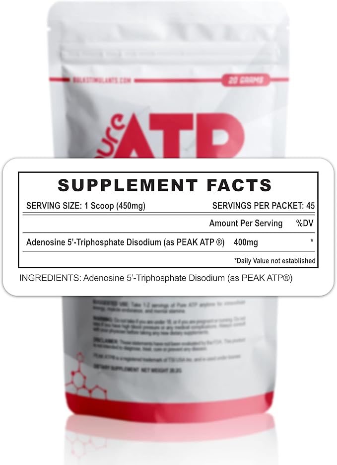BulkStimulants Pure ATP Adenosine Triphosphate Powder - Increase Energy, Endurance, Strength, Recovery & Muscle Pump, Faster Than Creatine HMB & Nitric Oxide, Natural Pre Workout Supplement - 20 Grams